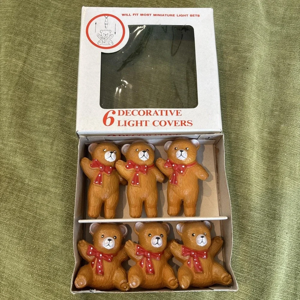 6 Vintage Cute Teddy Bear Red Bow Light Strand Covers Blow Mold Retro Tree Decor